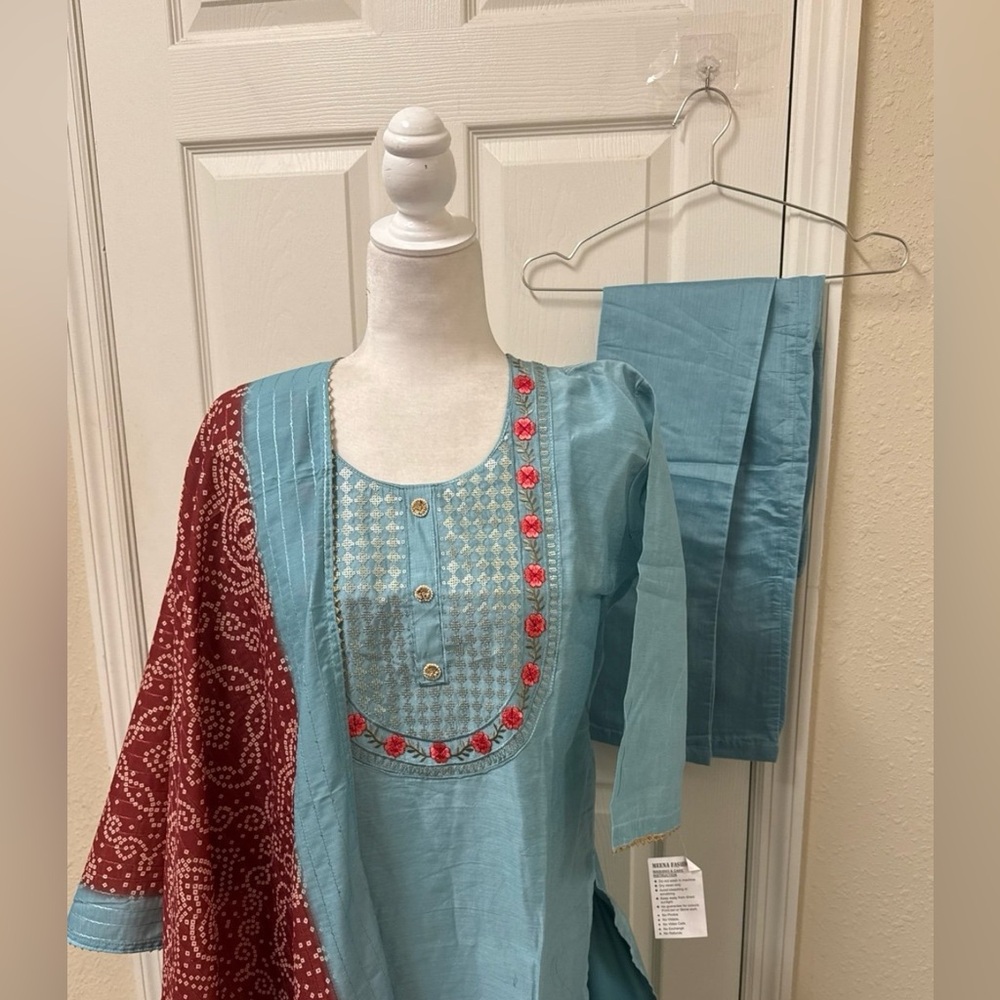 New Pakistani Indian designer Blue and Red Embroidered shalwar kameez #636